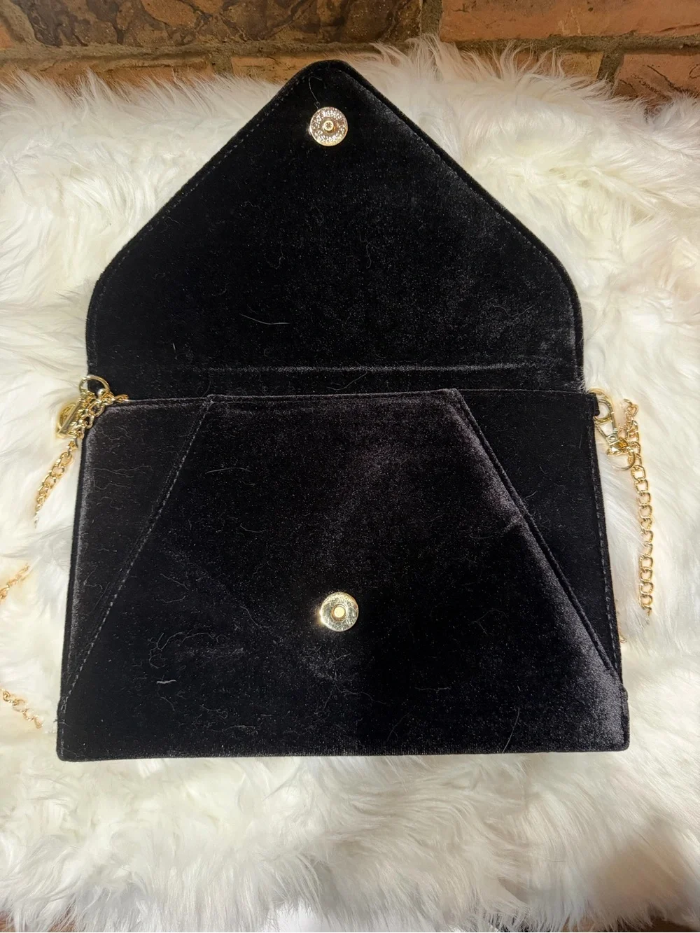 Black Velvet Chain-Shoulder Evening Clutch with Crystal Brooch